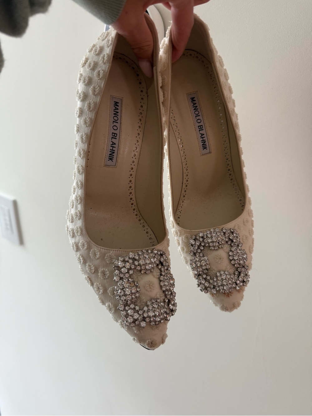 Manolo Blahnik White Hangisi Embellished Pointed Toe Heels Polka Dot